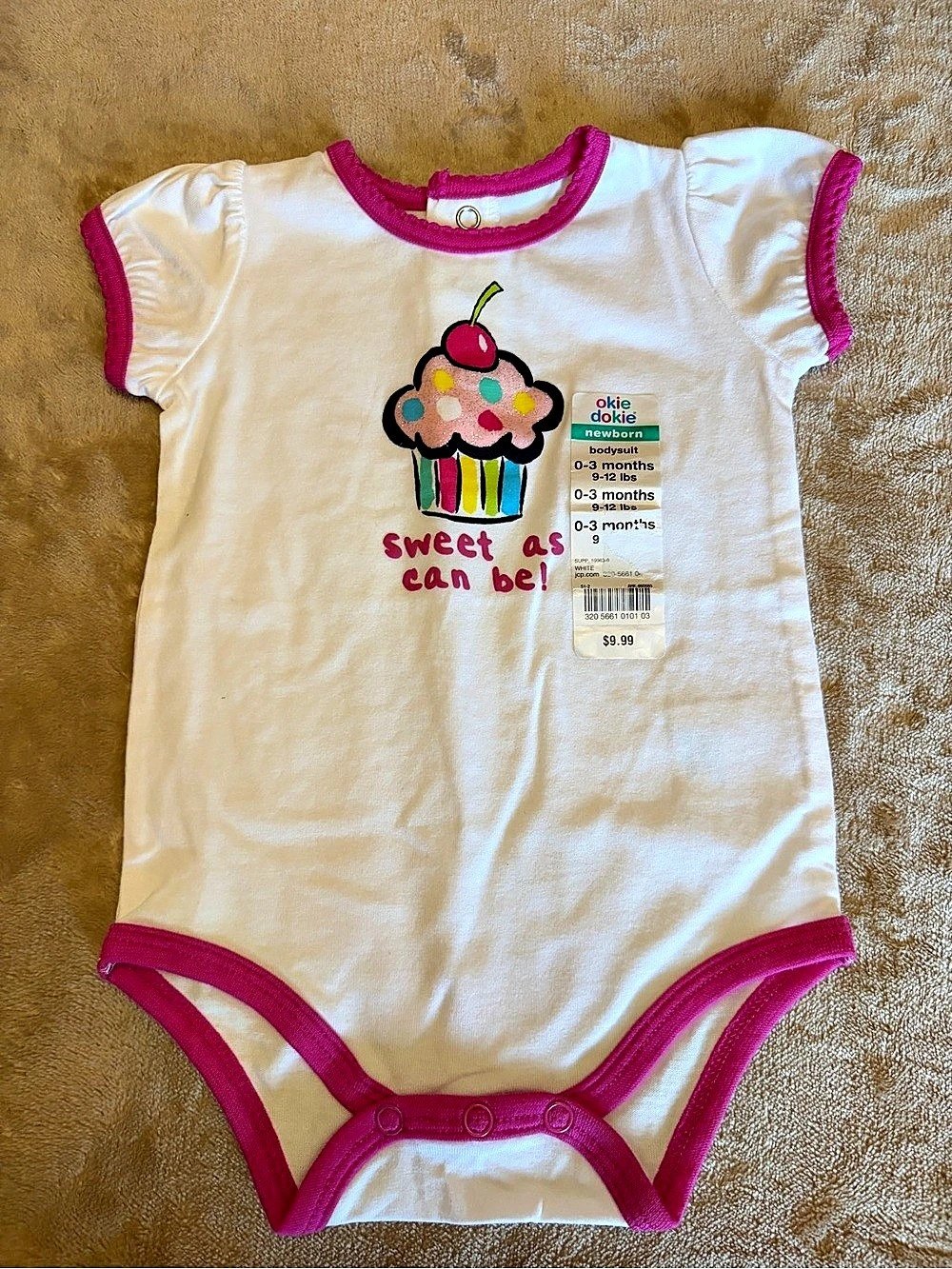 okie dokie Sweet As Can Be Cupcake Bodysuit White & Pink Size 0-3 Months